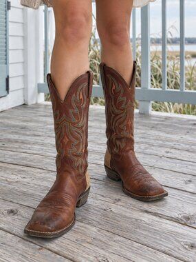 Justin Boots Brown Leather Western Cowboy Boots Multicolor Stitching Size 6